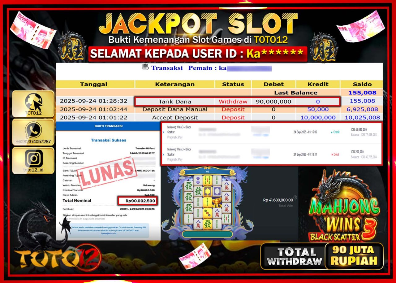 HANYA DI TOTO12 JP PASTI DI BAYAR LUNAS DAN CEPAT!!!!!! JACKPOT SLOT GAME (MAHJONG WINS 3 BLACK SCATTER) Rp.90.000.000 !!!!