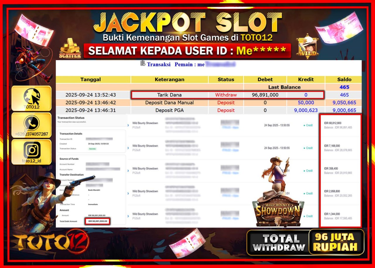HANYA DI TOTO12 JP PASTI DI BAYAR LUNAS DAN CEPAT!!!!!! JACKPOT SLOT GAME (WILD BOUNTY SHOWDOWN) Rp.96.891.000 !!!!
