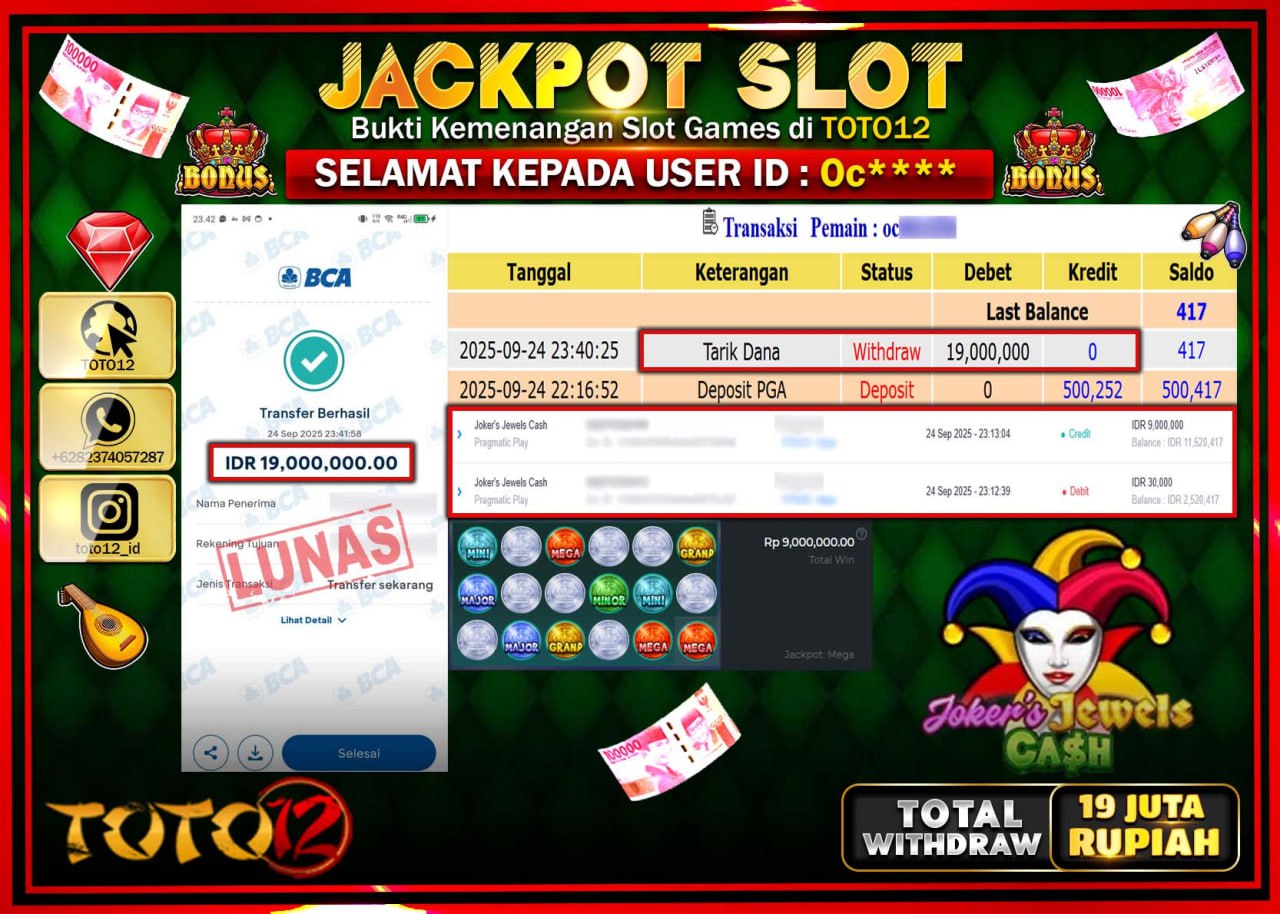 HANYA DI TOTO12 JP PASTI DI BAYAR LUNAS DAN CEPAT!!!!!! JACKPOT SLOT GAME (JOKERS JEWELS CASH) Rp.19.000.000 !!!!