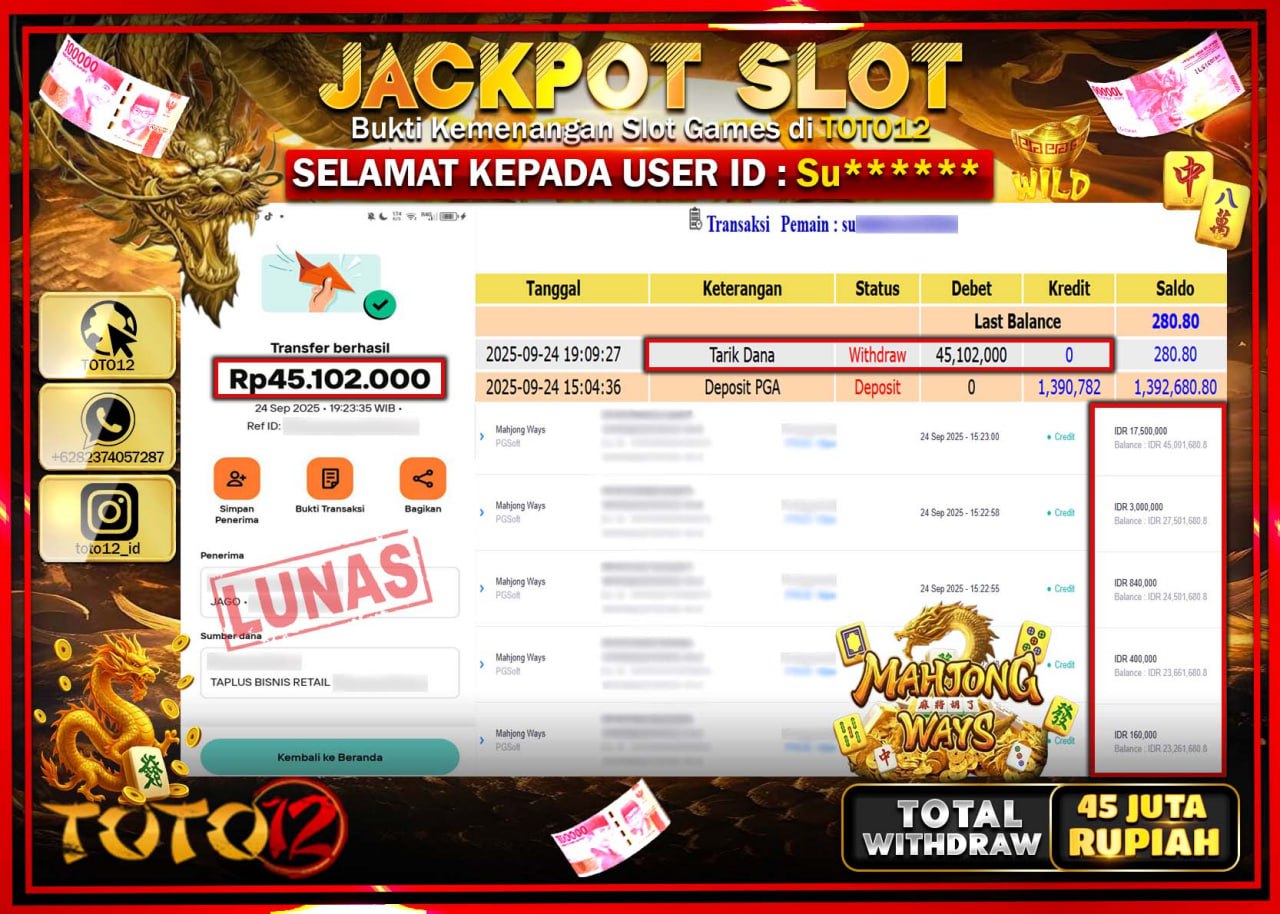 HANYA DI TOTO12 JP PASTI DI BAYAR LUNAS DAN CEPAT!!!!!! JACKPOT SLOT GAME (MAHJONG WAYS) Rp.45.102.000 !!!!