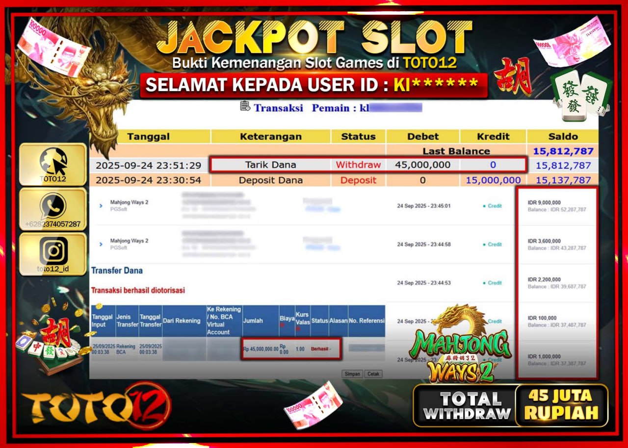 HANYA DI TOTO12 JP PASTI DI BAYAR LUNAS DAN CEPAT!!!!!! JACKPOT SLOT GAME (MAHJONG WAYS 2) Rp.45.000.000 !!!!