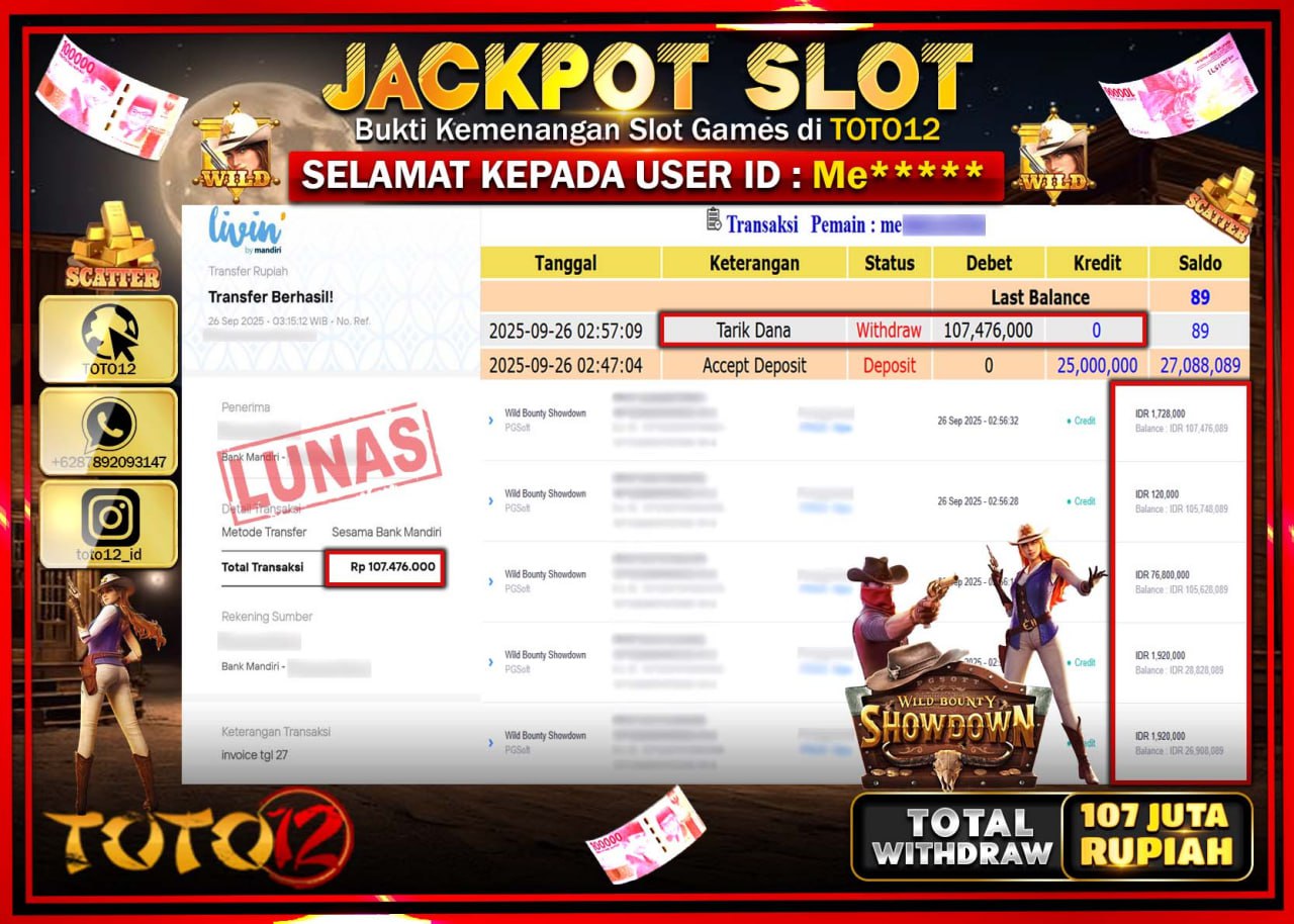 HANYA DI TOTO12 JP PASTI DI BAYAR LUNAS DAN CEPAT!!!!!! JACKPOT SLOT GAME (WILD BOUNTY SHOWDOWN) Rp.107.476.000 !!!!