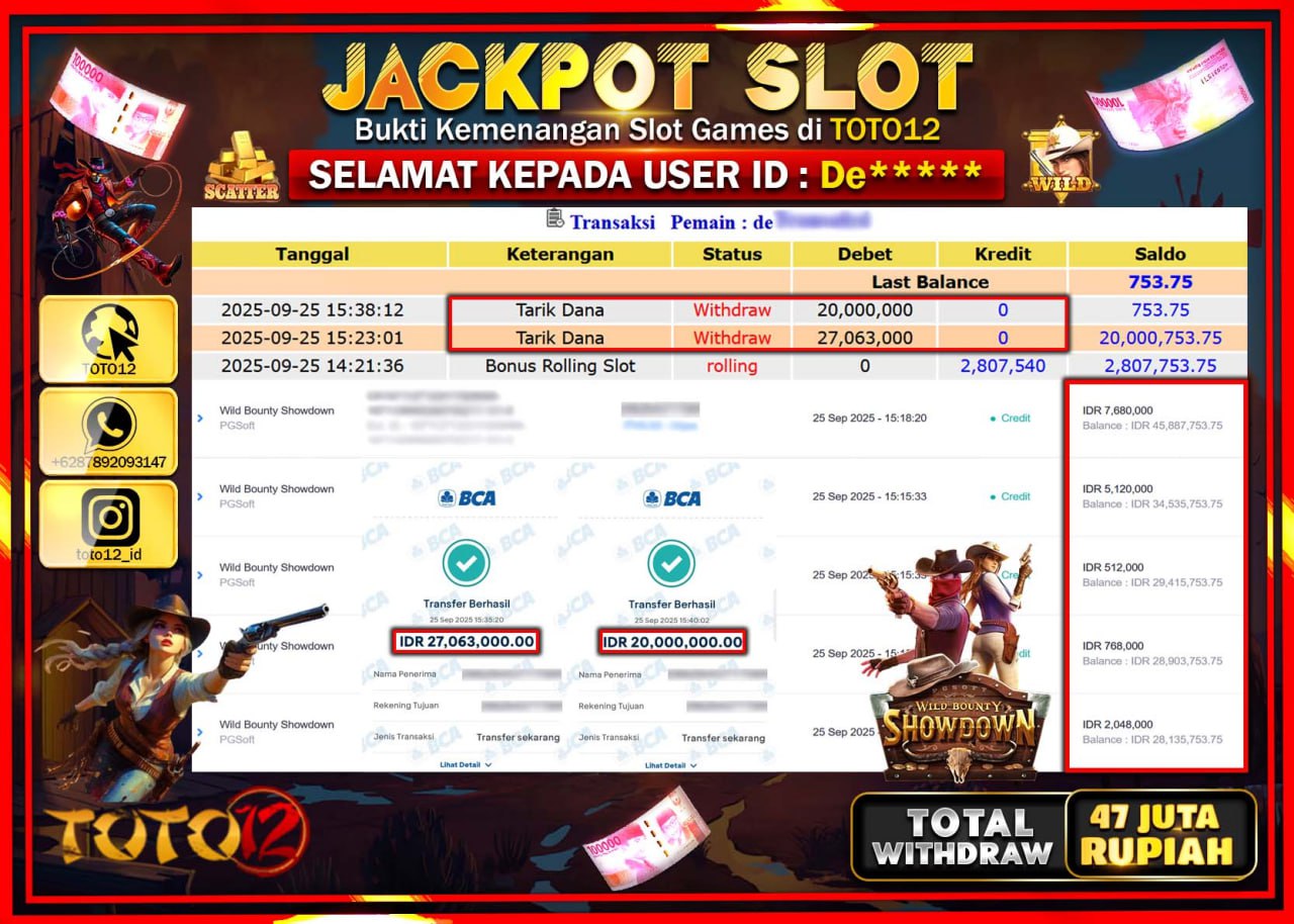 HANYA DI TOTO12 JP PASTI DI BAYAR LUNAS DAN CEPAT!!!!!! JACKPOT SLOT GAME (WILD BOUNTY SHOWDOWN) Rp.47.063.000 !!!!
