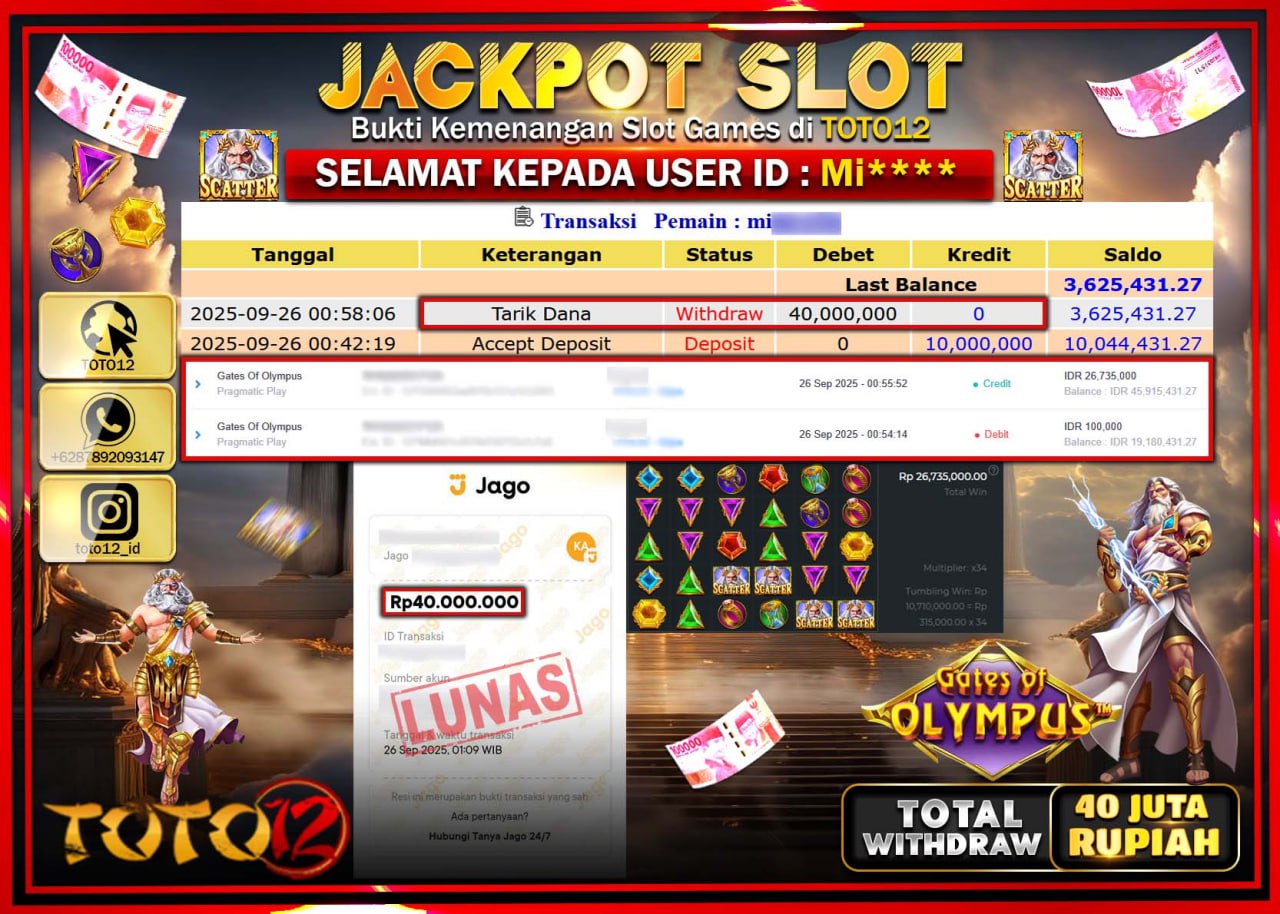 HANYA DI TOTO12 JP PASTI DI BAYAR LUNAS DAN CEPAT!!!!!! JACKPOT SLOT GAME (GATES OF OLYMPUS) Rp.40.000.000 !!!!