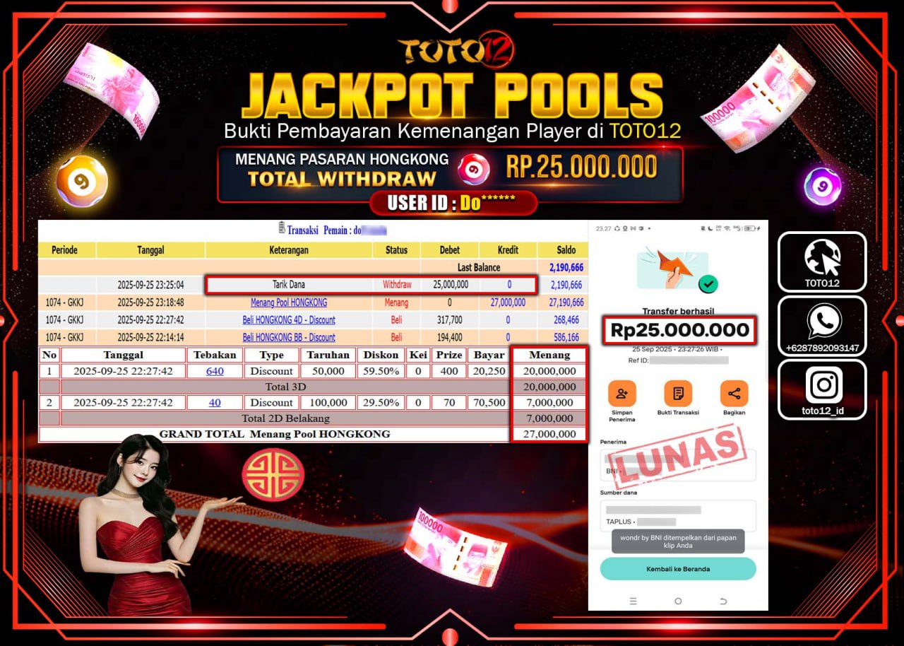 HANYA DI TOTO12 JP PASTI DI BAYAR LUNAS DAN CEPAT!!!!!! JACKPOT POOLS PASARAN (HONGKONG) Rp.25.000.000 !!!!