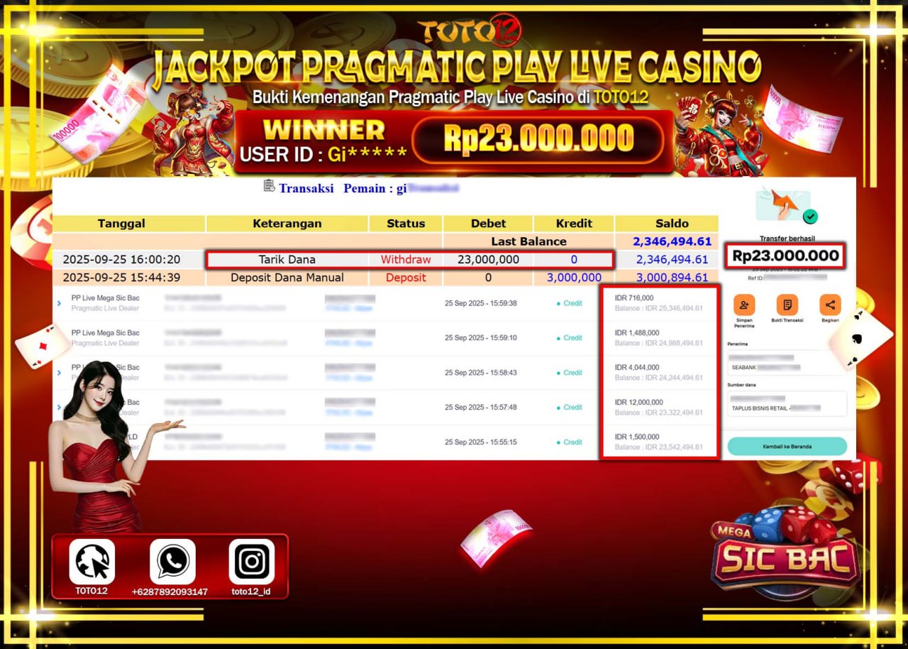 HANYA DI TOTO12 JP PASTI DI BAYAR LUNAS DAN CEPAT!!!!!! JACKPOT PRAGMATIC PLAY LIVE CASINO (SIC BAC) Rp.23.000.000 !!!!