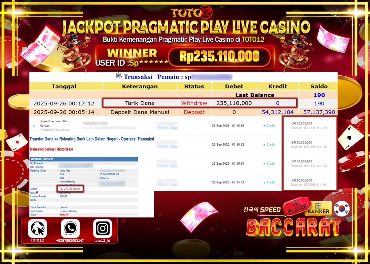 HANYA DI TOTO12 JP PASTI DI BAYAR LUNAS DAN CEPAT!!!!!! JACKPOT PRAGMATIC PLAY LIVE CASINO (SPEED BACCARAT 16 KOREAN) Rp.235.110.000 !!!!