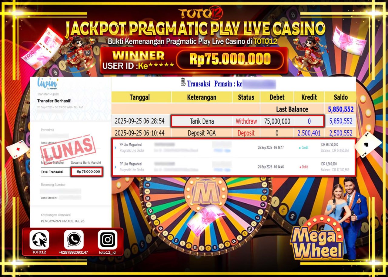 HANYA DI TOTO12 JP PASTI DI BAYAR LUNAS DAN CEPAT!!!!!! JACKPOT PRAGMATIC PLAY LIVE CASINO (MEGA WHEEL) Rp.75.000.000 !!!!