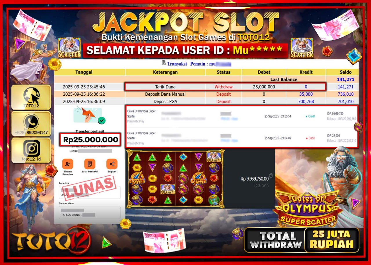 HANYA DI TOTO12 JP PASTI DI BAYAR LUNAS DAN CEPAT!!!!!! JACKPOT SLOT GAME (GATES OF OLYMPUS SUPER SCATTER) Rp.25.000.000 !!!!