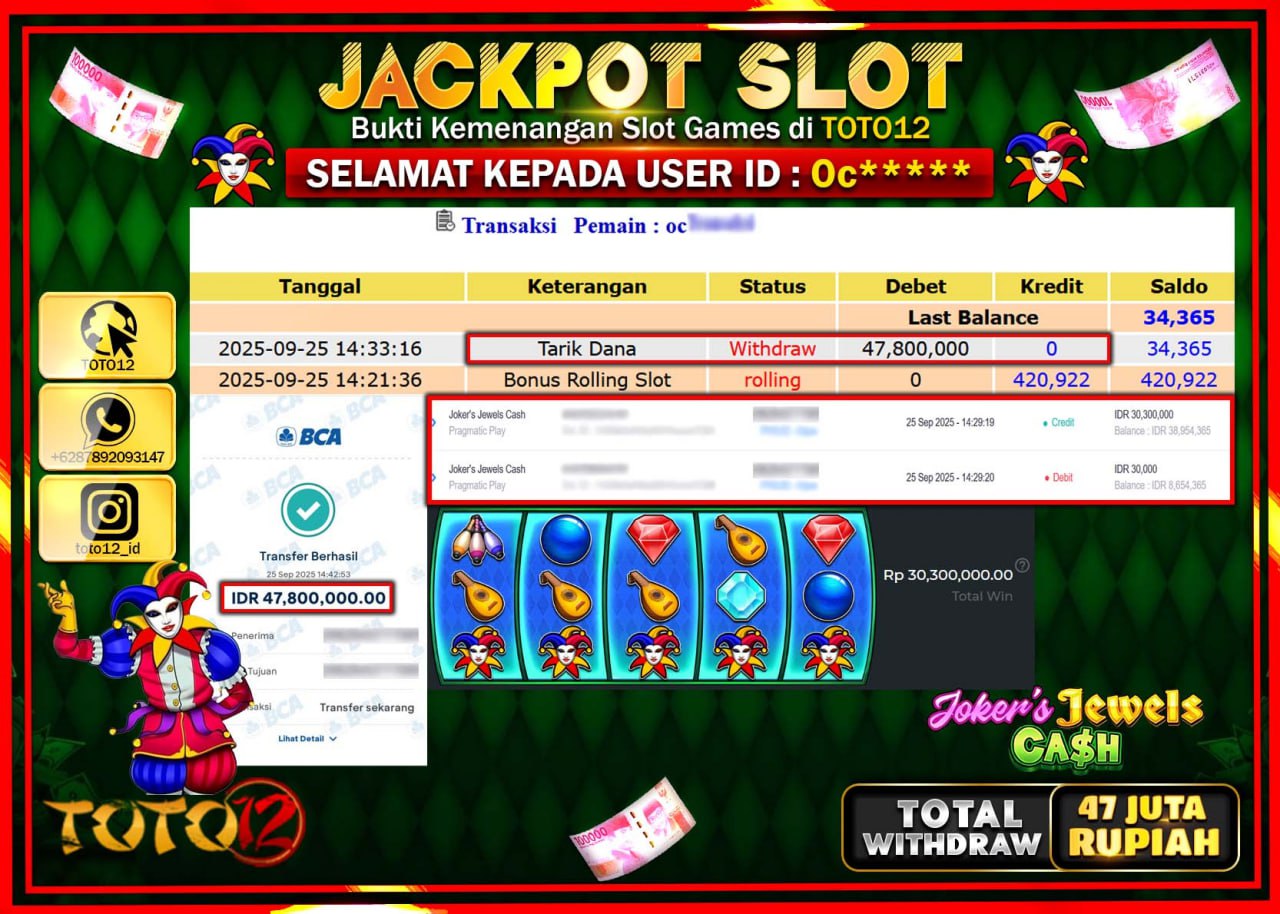 HANYA DI TOTO12 JP PASTI DI BAYAR LUNAS DAN CEPAT!!!!!! JACKPOT SLOT GAME (JOKERS JEWELS CASH) Rp.47.800.000 !!!!