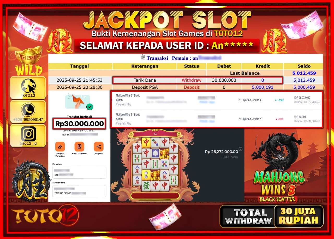 HANYA DI TOTO12 JP PASTI DI BAYAR LUNAS DAN CEPAT!!!!!! JACKPOT SLOT GAME (MAHJONG WINS 3 BLACK SCATTER) Rp.30.000.000 !!!!