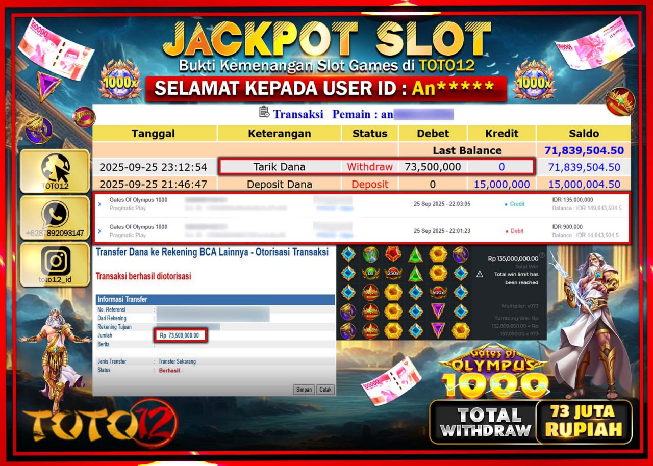 HANYA DI TOTO12 JP PASTI DI BAYAR LUNAS DAN CEPAT!!!!!! JACKPOT SLOT GAME (GATES OF OLYMPUS 1000) Rp.73.500.000 !!!!