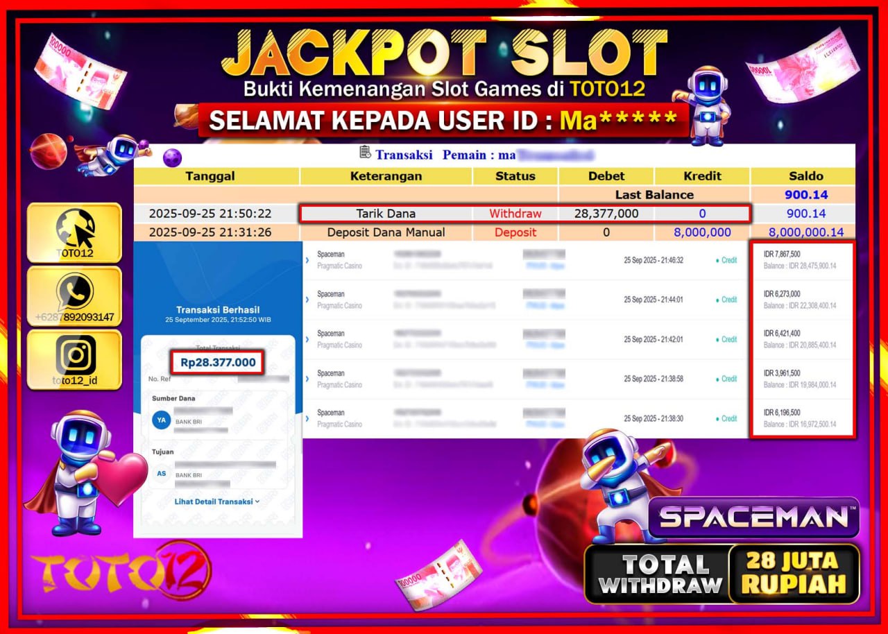 HANYA DI TOTO12 JP PASTI DI BAYAR LUNAS DAN CEPAT!!!!!! JACKPOT SLOT GAME (SPACEMAN) Rp.28.377.000 !!!!