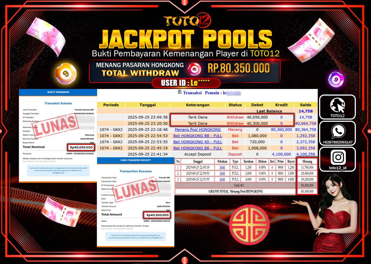 HANYA DI TOTO12 JP PASTI DI BAYAR LUNAS DAN CEPAT!!!!!! JACKPOT POOLS PASARAN (HONGKONG) Rp.80.350.000 !!!!