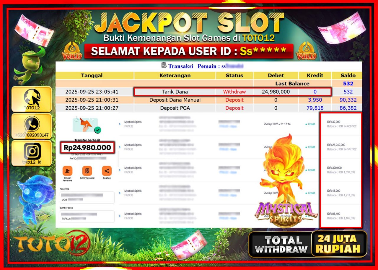 HANYA DI TOTO12 JP PASTI DI BAYAR LUNAS DAN CEPAT!!!!!! JACKPOT SLOT GAME (MYSTICAL SPIRITS) Rp.24.980.000 !!!!