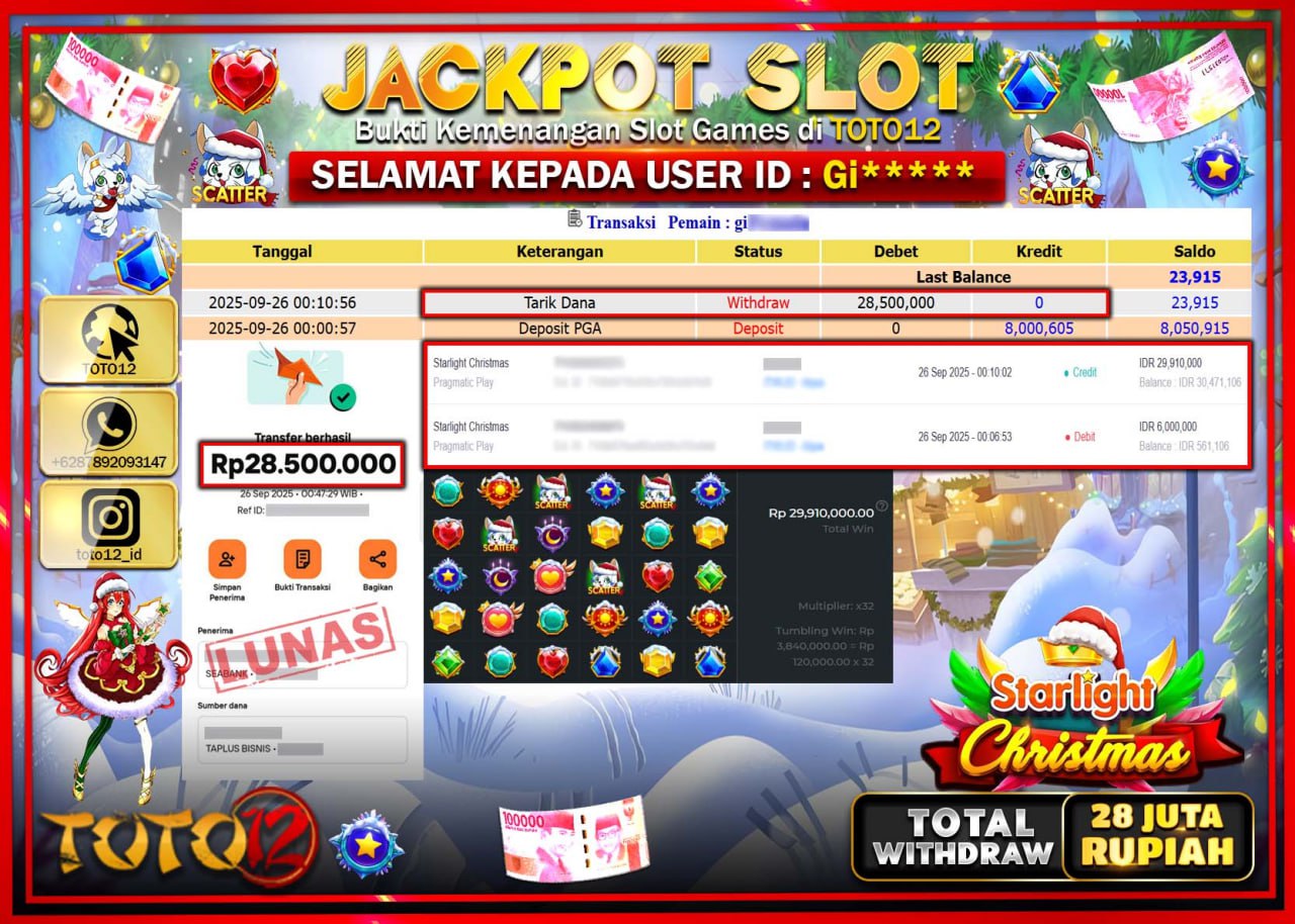 HANYA DI TOTO12 JP PASTI DI BAYAR LUNAS DAN CEPAT!!!!!! JACKPOT SLOT GAME (STARLIGHT CHRISTMAS) Rp.28.500.000 !!!!