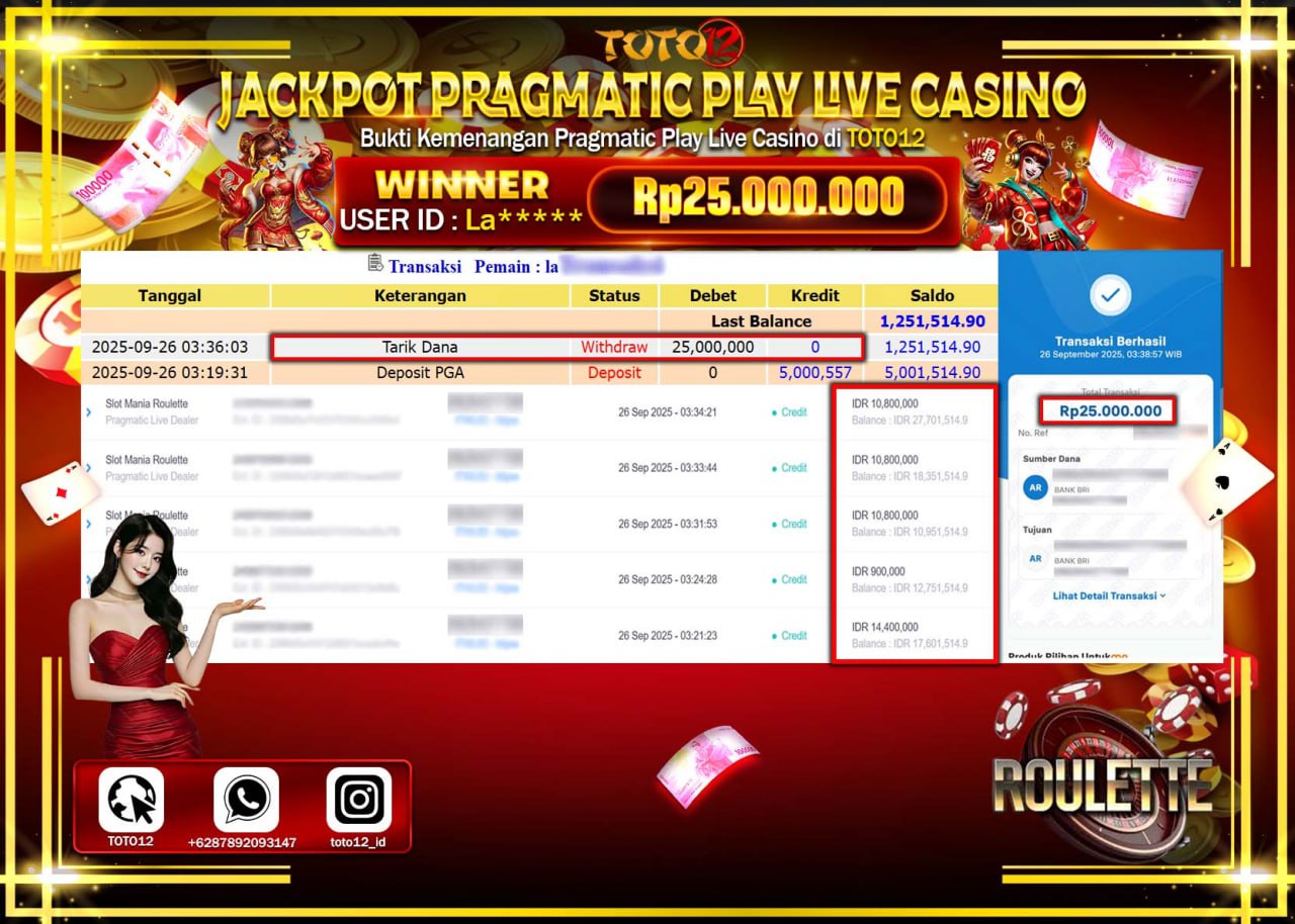 HANYA DI TOTO12 JP PASTI DI BAYAR LUNAS DAN CEPAT!!!!!! JACKPOT PRAGMATIC PLAY LIVE CASINO (ROULETTE) Rp.25.000.000 !!!!
