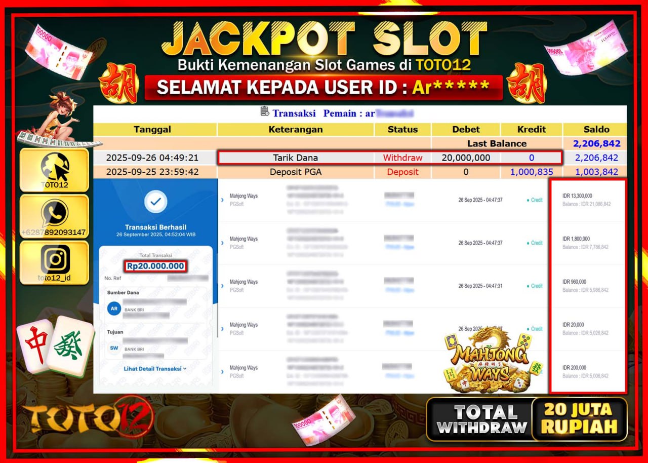 HANYA DI TOTO12 JP PASTI DI BAYAR LUNAS DAN CEPAT!!!!!! JACKPOT SLOT GAME (MAHJONG WAYS) Rp.20.000.000 !!!!