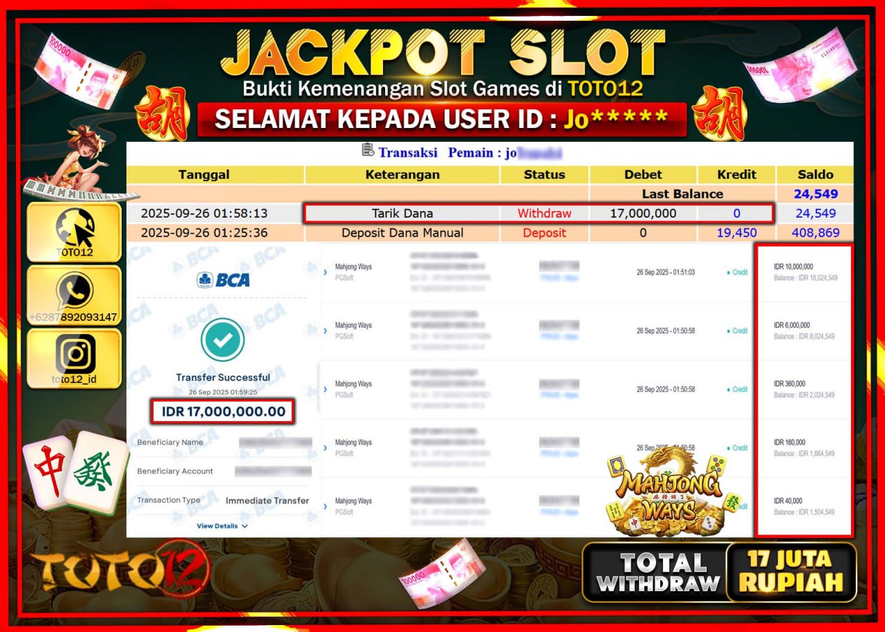 HANYA DI TOTO12 JP PASTI DI BAYAR LUNAS DAN CEPAT!!!!!! JACKPOT SLOT GAME (MAHJONG WAYS) Rp.17.000.000 !!!!