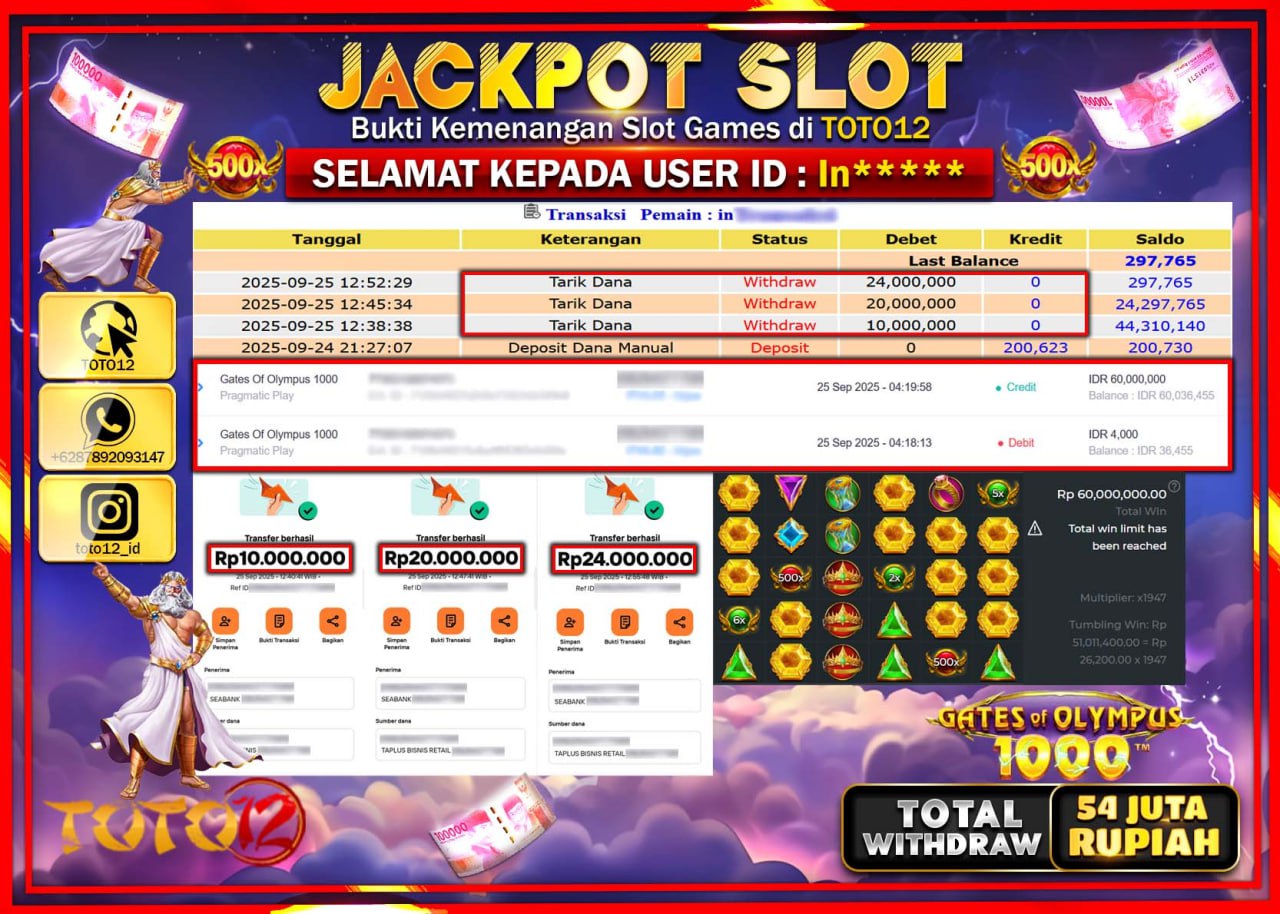 HANYA DI TOTO12 JP PASTI DI BAYAR LUNAS DAN CEPAT!!!!!! JACKPOT SLOT GAME (GATES OF OLYMPUS 1000) Rp.54.000.000 !!!!