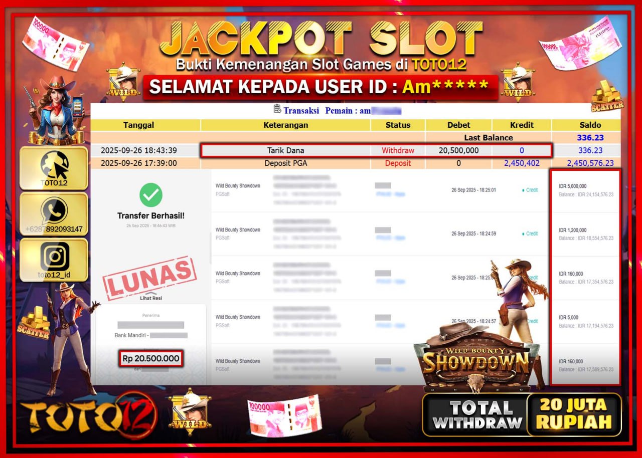 HANYA DI TOTO12 JP PASTI DI BAYAR LUNAS DAN CEPAT!!!!!! JACKPOT SLOT GAME (WILD BOUNTY SHOWDOWN) Rp.20.500.000 !!!!