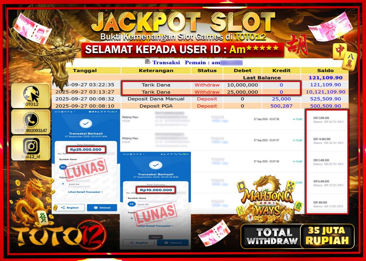 HANYA DI TOTO12 JP PASTI DI BAYAR LUNAS DAN CEPAT!!!!!! JACKPOT SLOT GAME (MAHJONG WAYS) Rp.35.000.000 !!!!