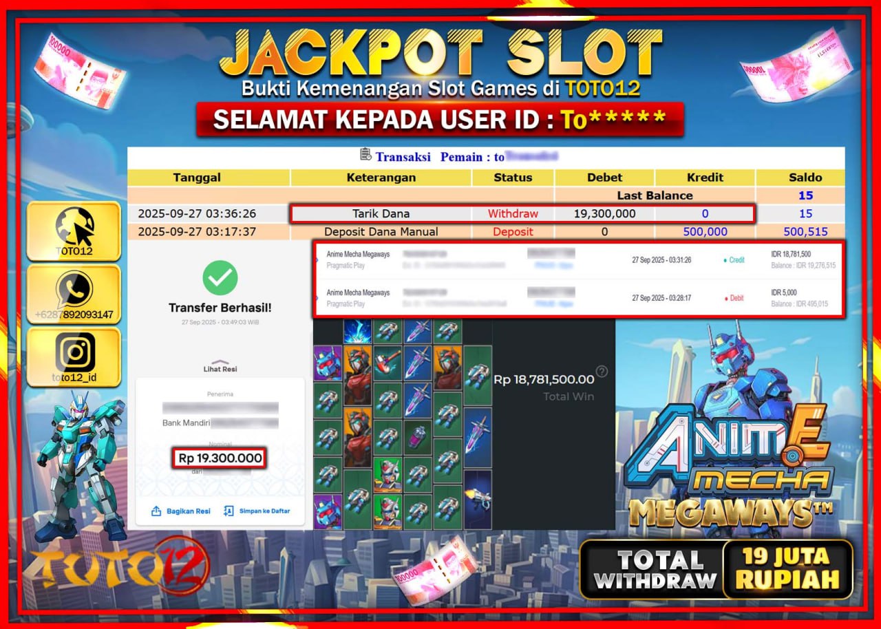 HANYA DI TOTO12 JP PASTI DI BAYAR LUNAS DAN CEPAT!!!!!! JACKPOT SLOT GAME (ANIME MECHA MEGAWAYS) Rp.19.300.000 !!!!