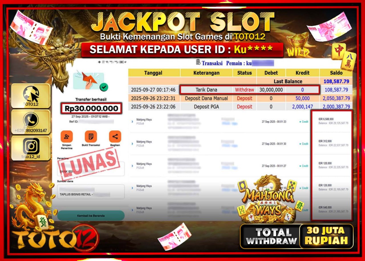 HANYA DI TOTO12 JP PASTI DI BAYAR LUNAS DAN CEPAT!!!!!! JACKPOT SLOT GAME (MAHJONG WAYS) Rp.30.000.000 !!!!