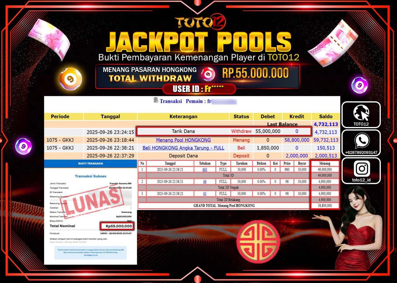 HANYA DI TOTO12 JP PASTI DI BAYAR LUNAS DAN CEPAT!!!!!! JACKPOT POOLS PASARAN (HONGKONG) Rp.55.000.000 !!!!