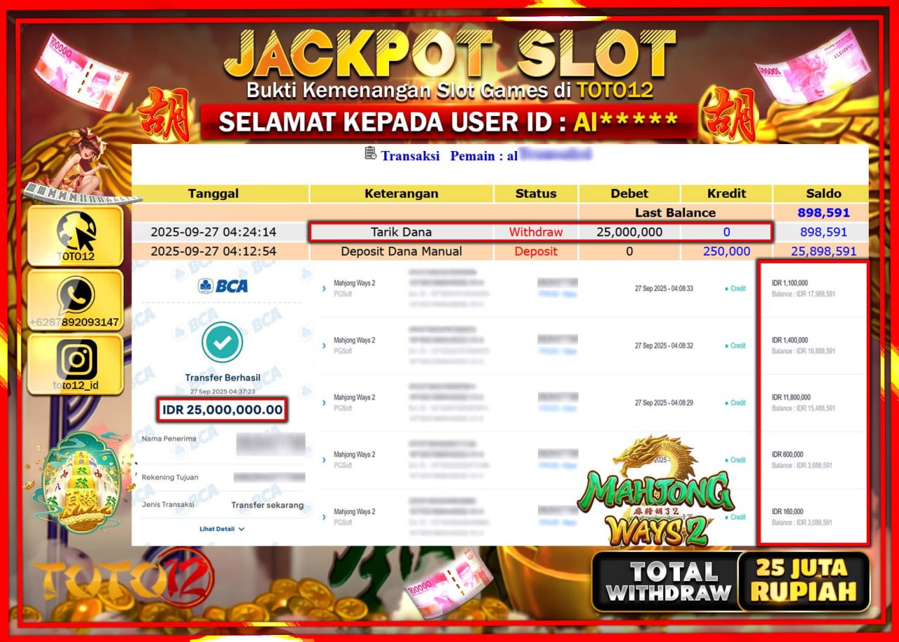HANYA DI TOTO12 JP PASTI DI BAYAR LUNAS DAN CEPAT!!!!!! JACKPOT SLOT GAME (MAHJONG WAYS 2) Rp.25.000.000 !!!!