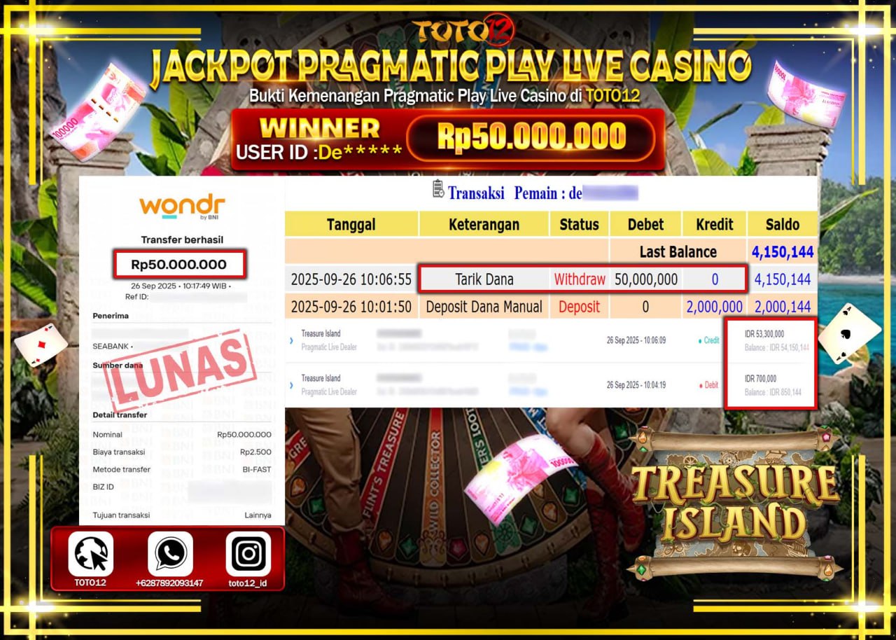HANYA DI TOTO12 JP PASTI DI BAYAR LUNAS DAN CEPAT!!!!!! JACKPOT SLOT GAME (TREASURE ISLAND) Rp.50.000.000 !!!!
