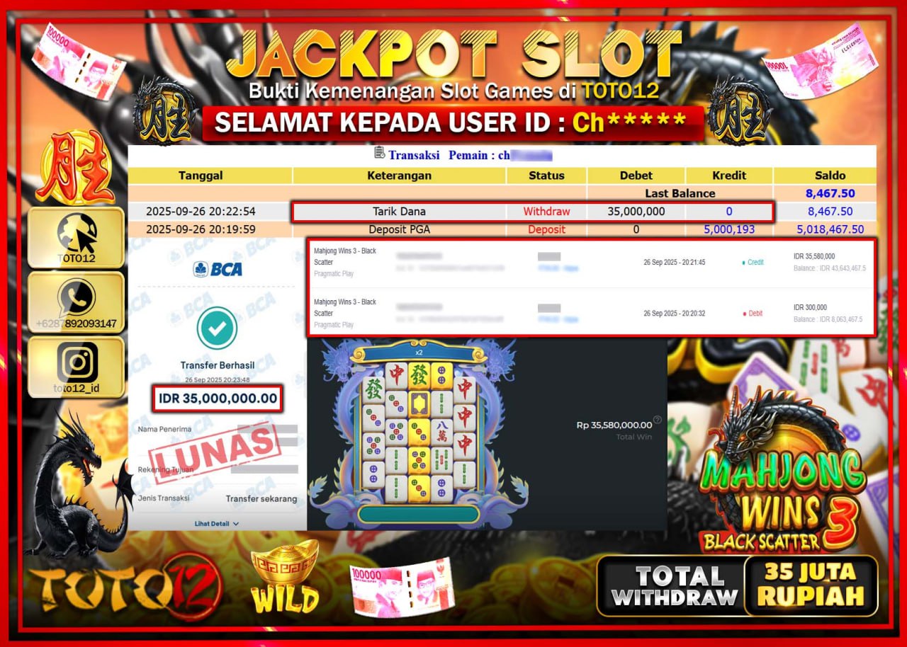 HANYA DI TOTO12 JP PASTI DI BAYAR LUNAS DAN CEPAT!!!!!! JACKPOT SLOT GAME (MAHJONG WINS 3 BLACK SCATTER) Rp.35.000.000 !!!!