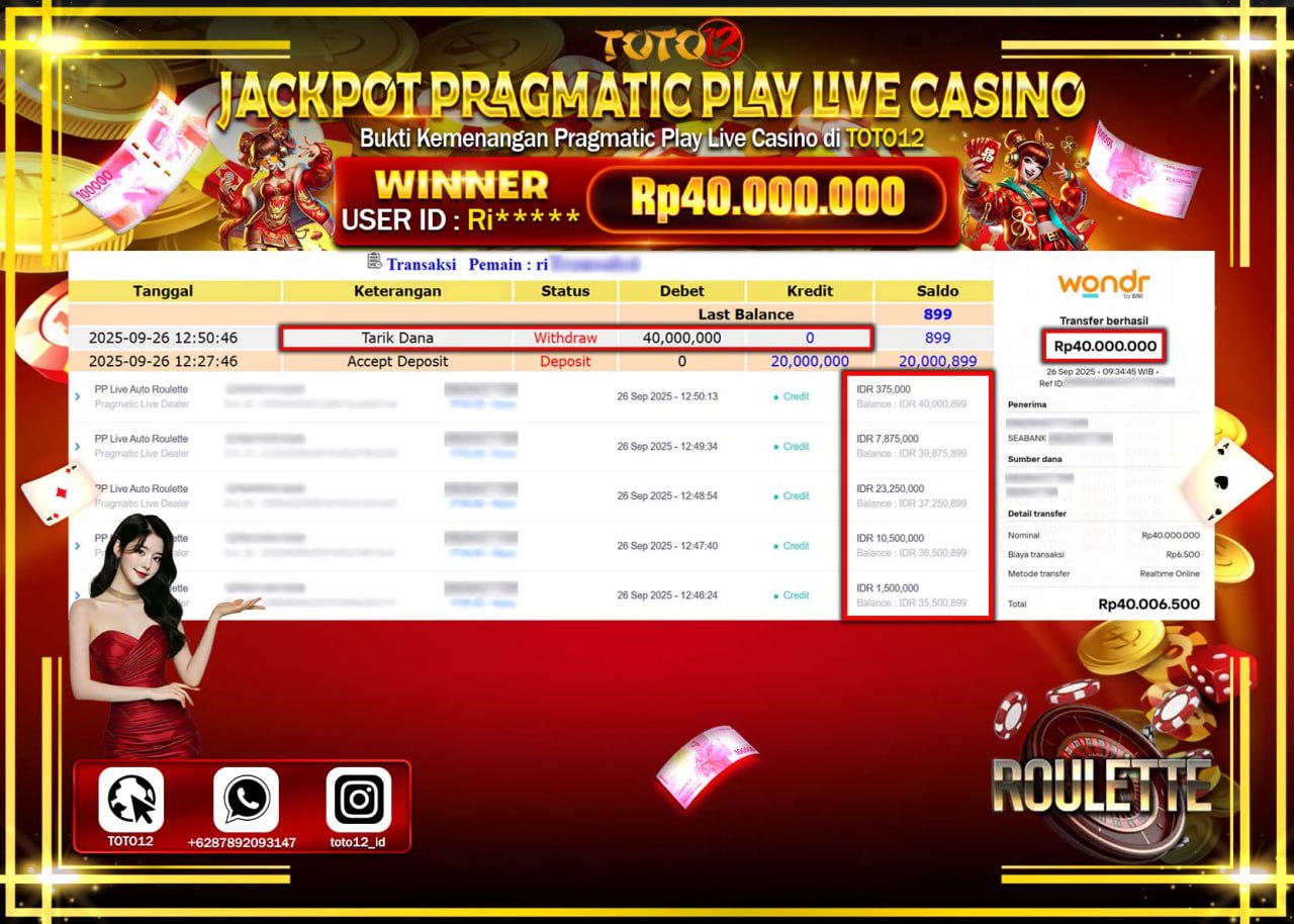 HANYA DI TOTO12 JP PASTI DI BAYAR LUNAS DAN CEPAT!!!!!! JACKPOT PRAGMATIC PLAY LIVE CASINO (ROULETTE) Rp.40.000.000 !!!!