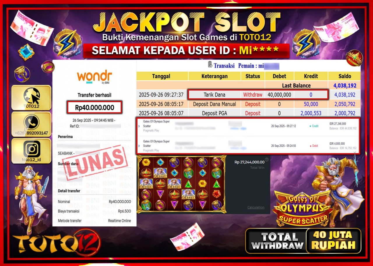 HANYA DI TOTO12 JP PASTI DI BAYAR LUNAS DAN CEPAT!!!!!! JACKPOT SLOT GAME (GATES OF OLYMPUS SUPER SCATTER) Rp.40.000.000 !!!!