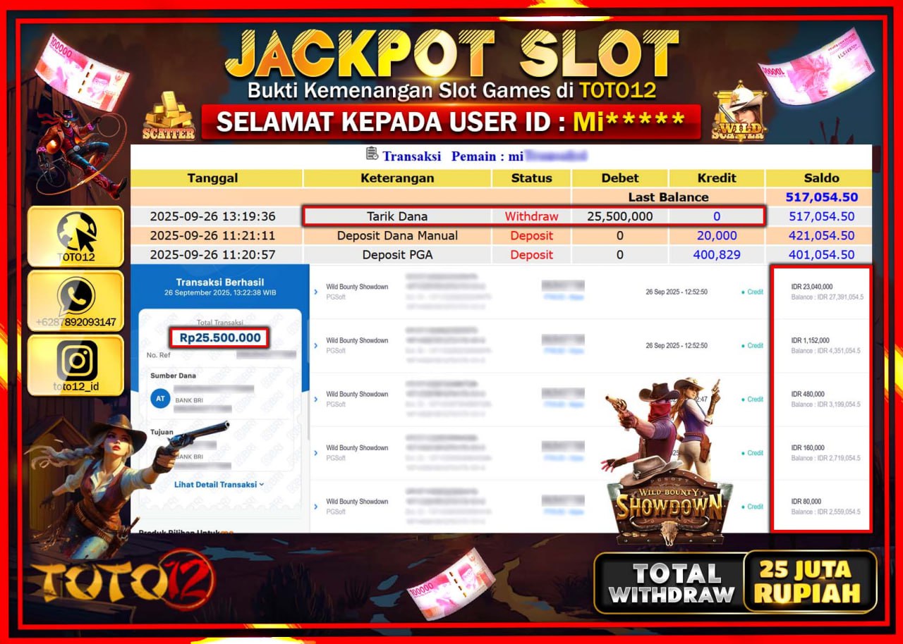 HANYA DI TOTO12 JP PASTI DI BAYAR LUNAS DAN CEPAT!!!!!! JACKPOT SLOT GAME (WILD BOUNTY SHOWDOWN) Rp.25.500.000 !!!!