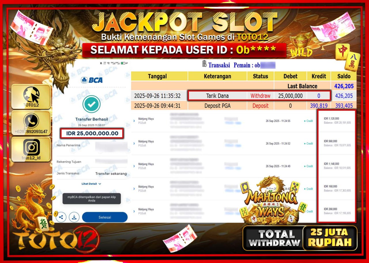 HANYA DI TOTO12 JP PASTI DI BAYAR LUNAS DAN CEPAT!!!!!! JACKPOT SLOT GAME (MAHJONG WAYS) Rp.25.000.000 !!!!