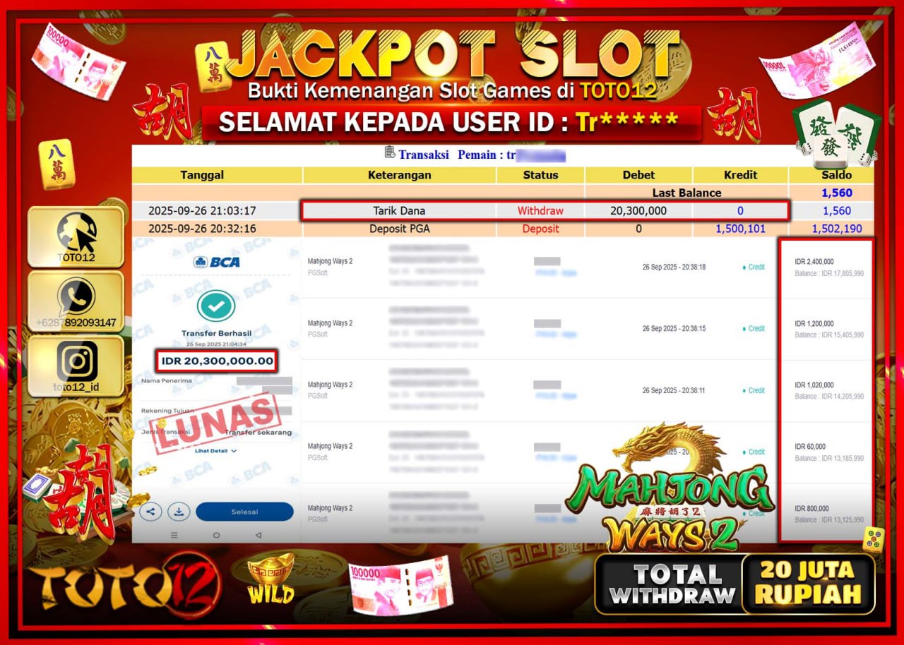 HANYA DI TOTO12 JP PASTI DI BAYAR LUNAS DAN CEPAT!!!!!! JACKPOT SLOT GAME (MAHJONG WAYS 2) Rp.20.300.000 !!!!