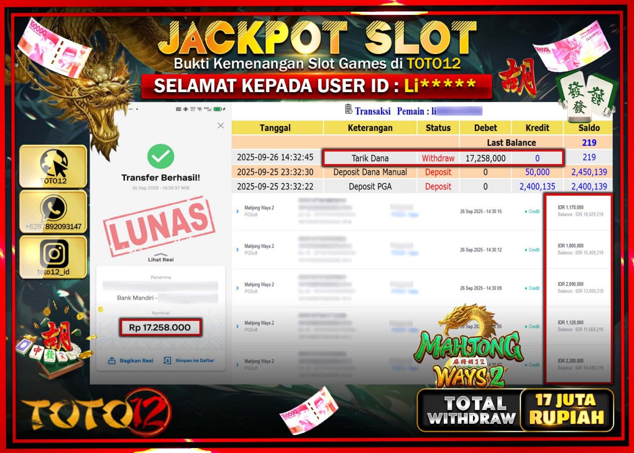 HANYA DI TOTO12 JP PASTI DI BAYAR LUNAS DAN CEPAT!!!!!! JACKPOT SLOT GAME (MAHJONG WAYS 2) Rp.17.258.000 !!!!