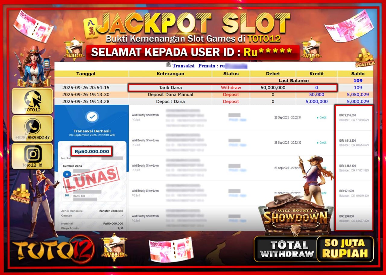 HANYA DI TOTO12 JP PASTI DI BAYAR LUNAS DAN CEPAT!!!!!! JACKPOT SLOT GAME (WILD BOUNTY SHOWDOWN) Rp.50.000.000 !!!!