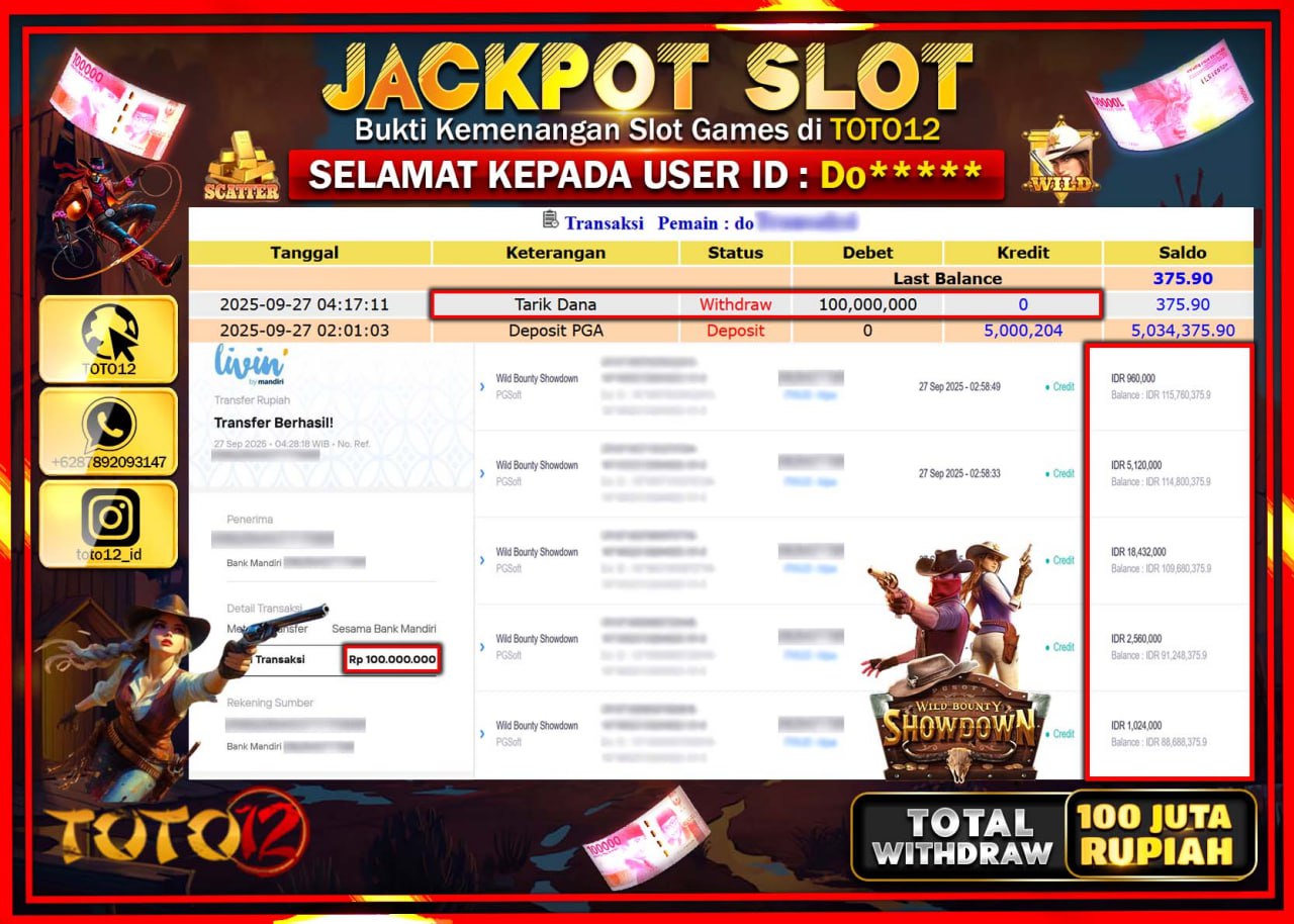 HANYA DI TOTO12 JP PASTI DI BAYAR LUNAS DAN CEPAT!!!!!! JACKPOT SLOT GAME (WILD BOUNTY SHOWDOWN) Rp.100.000.000 !!!!
