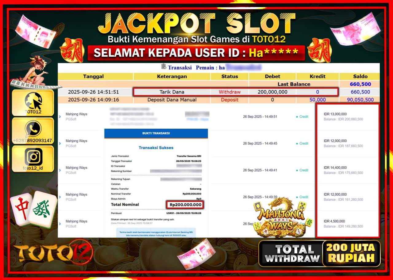 HANYA DI TOTO12 JP PASTI DI BAYAR LUNAS DAN CEPAT!!!!!! JACKPOT SLOT GAME (MAHJONG WAYS) Rp.200.000.000 !!!!