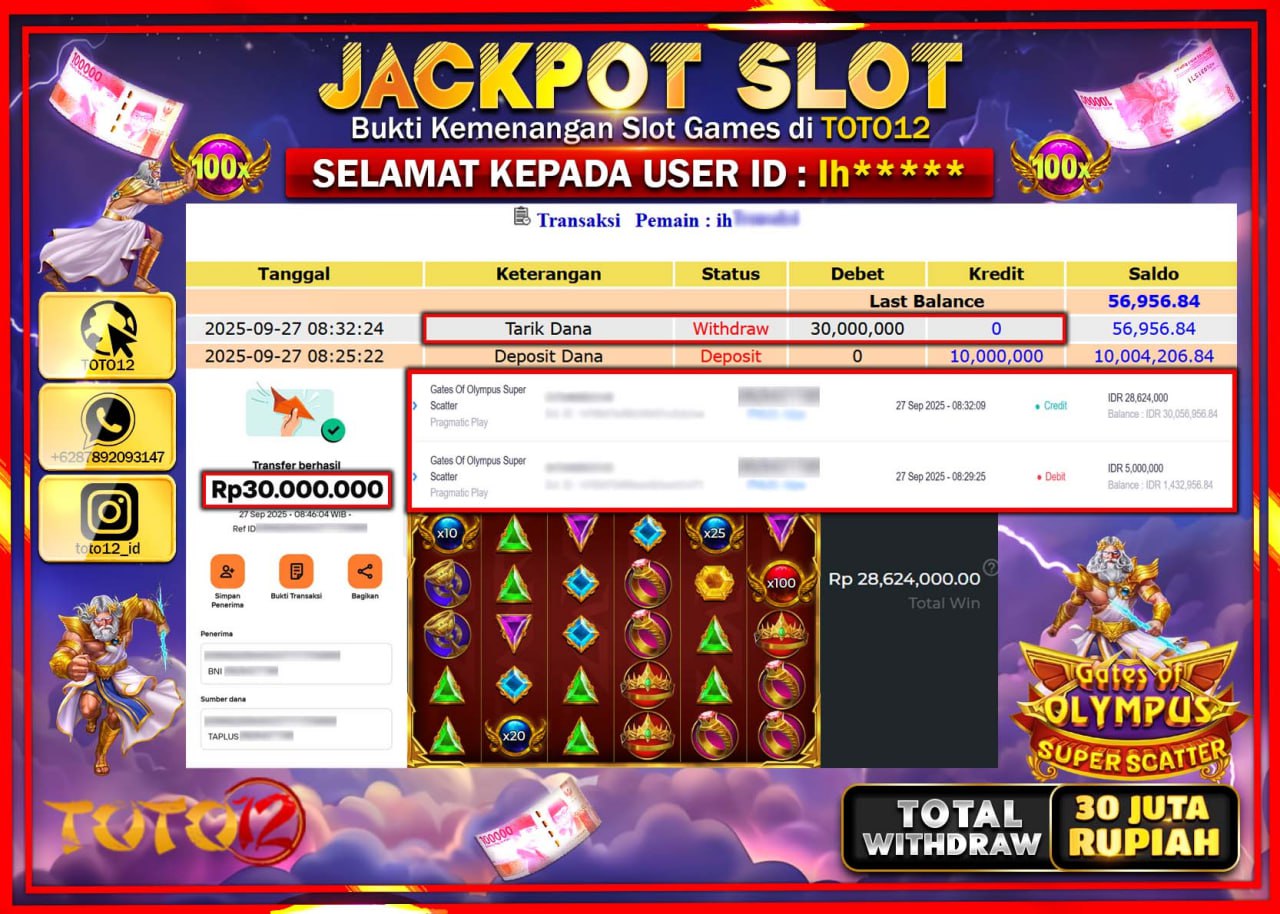 HANYA DI TOTO12 JP PASTI DI BAYAR LUNAS DAN CEPAT!!!!!! JACKPOT SLOT GAME (GATES OF OLYMPUS SUPER SCATTER) Rp.30.000.000 !!!!
