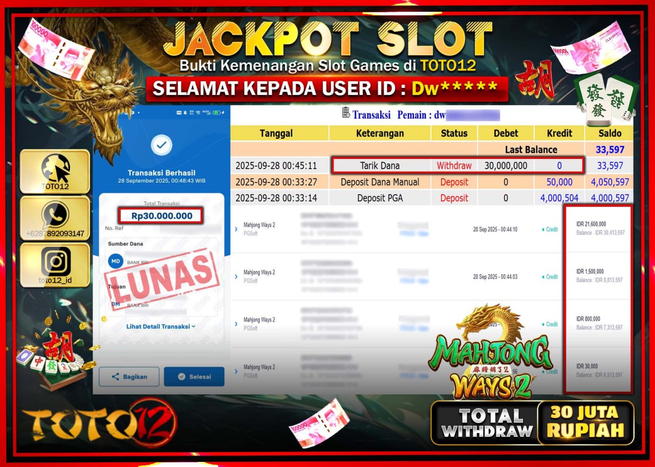 HANYA DI TOTO12 JP PASTI DI BAYAR LUNAS DAN CEPAT!!!!!! JACKPOT SLOT GAME (MAHJONG WAYS 2) Rp.30.000.000 !!!!