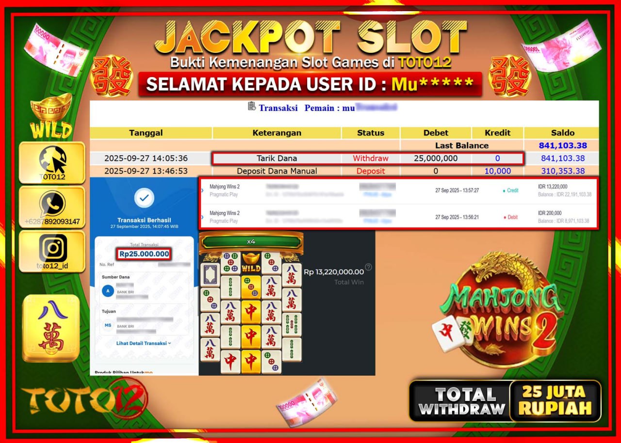 HANYA DI TOTO12 JP PASTI DI BAYAR LUNAS DAN CEPAT!!!!!! JACKPOT SLOT GAME (MAHJONG WINS 2) Rp.25.000.000 !!!!