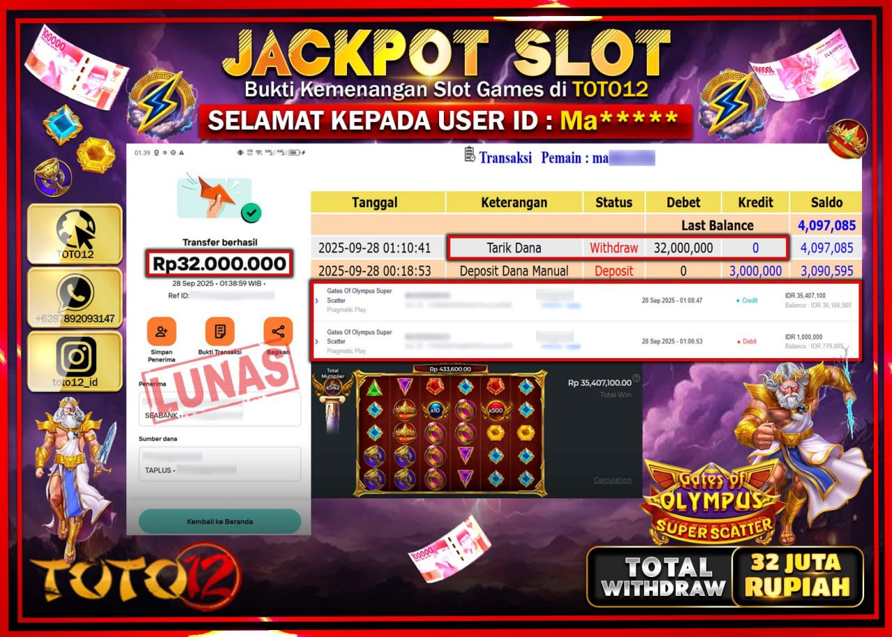 HANYA DI TOTO12 JP PASTI DI BAYAR LUNAS DAN CEPAT!!!!!! JACKPOT SLOT GAME (GATES OF OLYMPUS SUPER SCATTER) Rp.32.000.000 !!!!