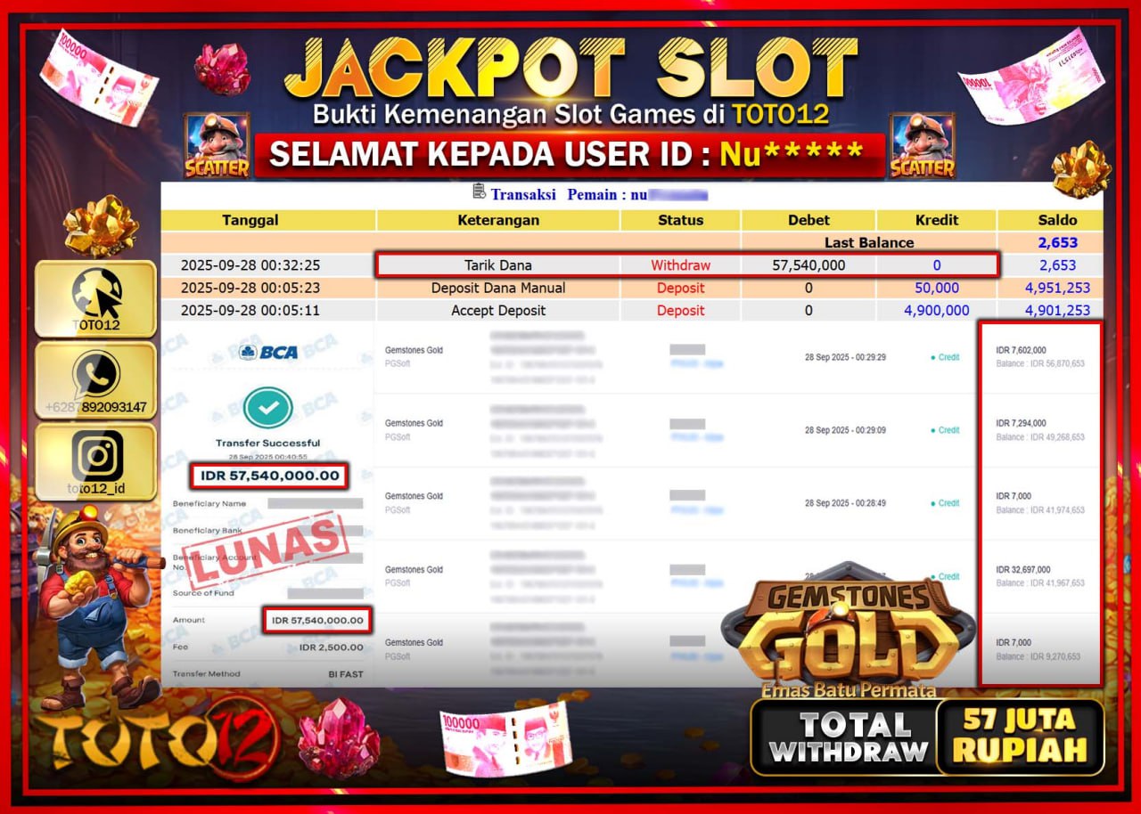 HANYA DI TOTO12 JP PASTI DI BAYAR LUNAS DAN CEPAT!!!!!! JACKPOT SLOT GAME (GEMSTONES GOLD) Rp.57.540.000 !!!!