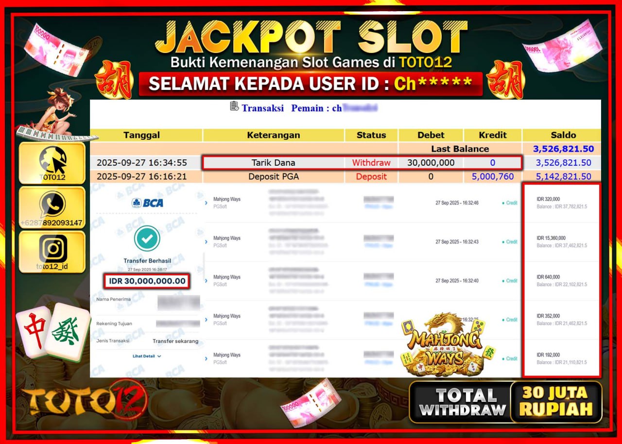 HANYA DI TOTO12 JP PASTI DI BAYAR LUNAS DAN CEPAT!!!!!! JACKPOT SLOT GAME (MAHJONG WAYS) Rp.30.000.000 !!!!
