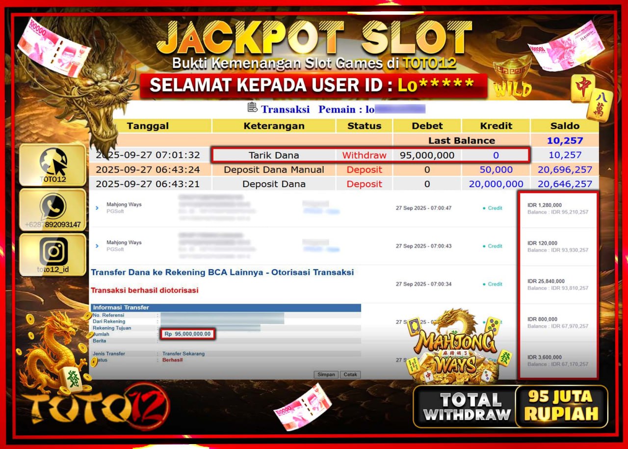 HANYA DI TOTO12 JP PASTI DI BAYAR LUNAS DAN CEPAT!!!!!! JACKPOT SLOT GAME (MAHJONG WAYS) Rp.95.000.000 !!!!