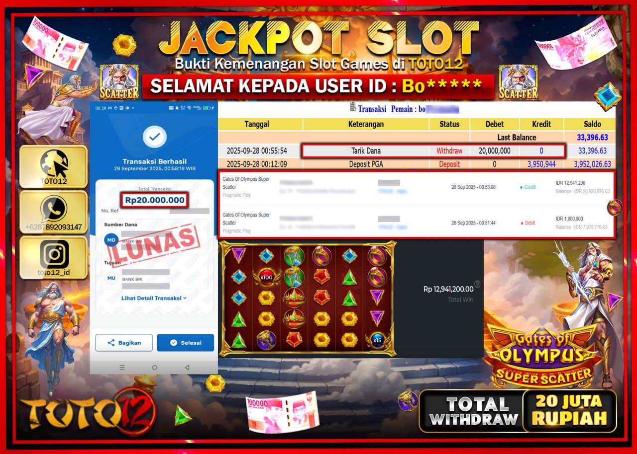 HANYA DI TOTO12 JP PASTI DI BAYAR LUNAS DAN CEPAT!!!!!! JACKPOT SLOT GAME (GATES OF OLYMPUS SUPER SCATTER) Rp.20.000.000 !!!!