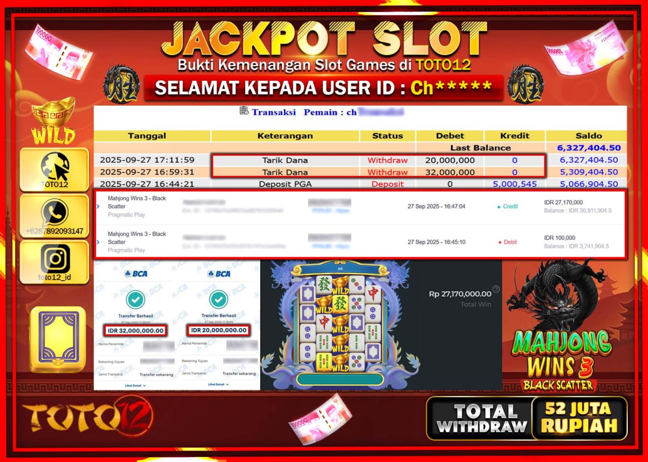 HANYA DI TOTO12 JP PASTI DI BAYAR LUNAS DAN CEPAT!!!!!! JACKPOT SLOT GAME (MAHJONG WINS 3 BLACK SCATTER) Rp.52.000.000 !!!!